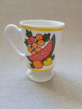 Retro 70's Mod Colorful Fruit Antique Footed Coffee Tea Mug Vibrant Colors EUC